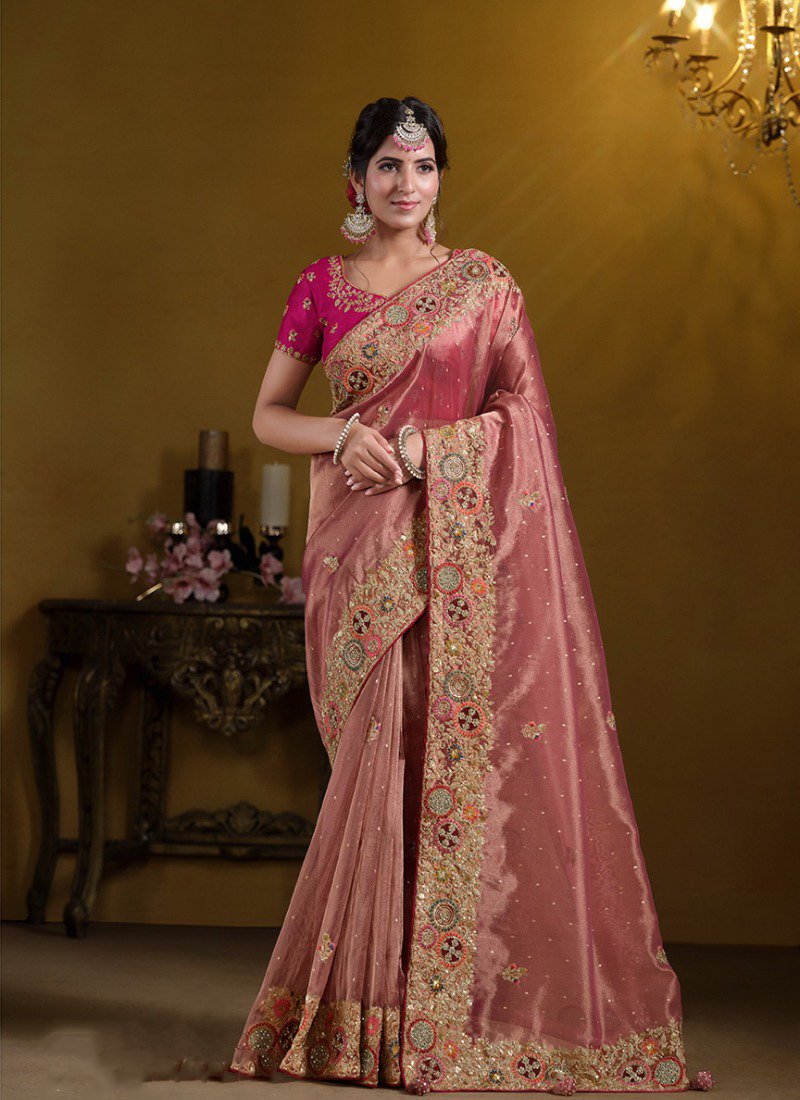 Beautiful Pure Khati Work Zari Organza Silk Saree in pink