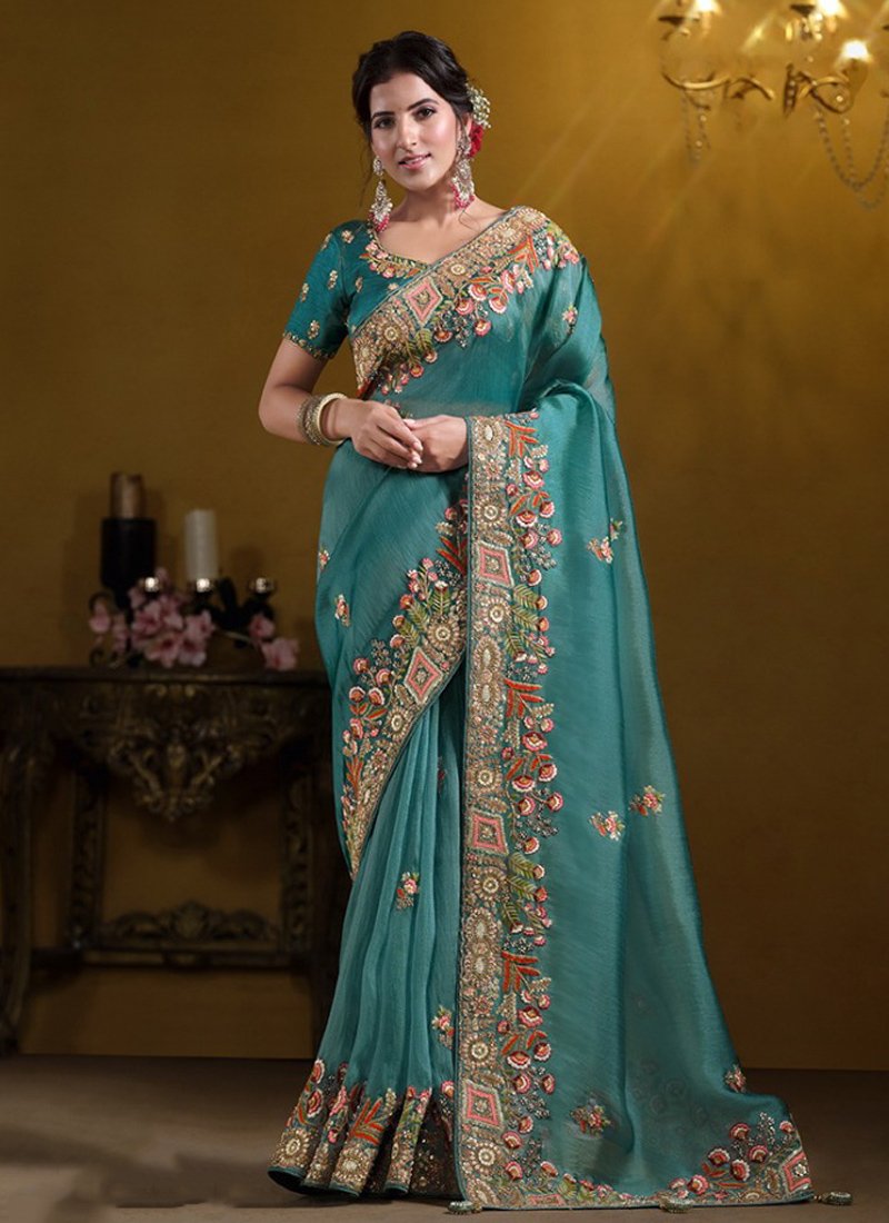 Beautiful Pure Khati Work Zari Organza Silk Saree in blue