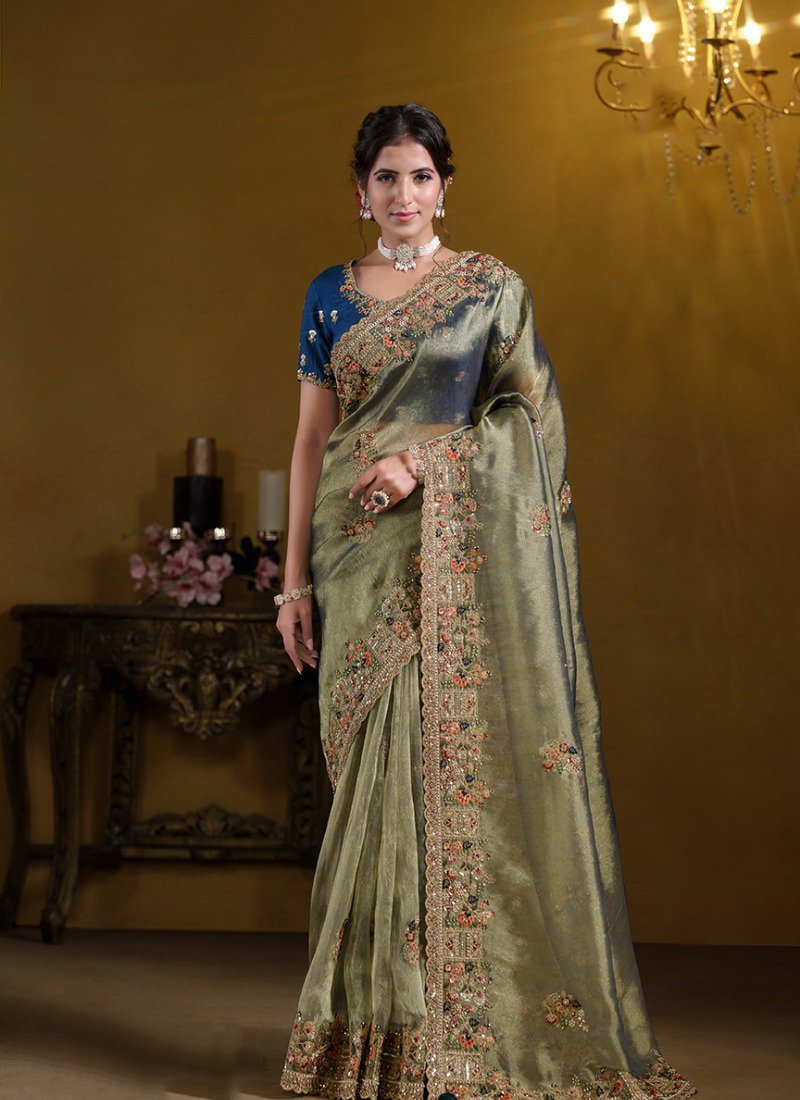 Beautiful Pure Khati Work Zari Organza Silk Saree in light green