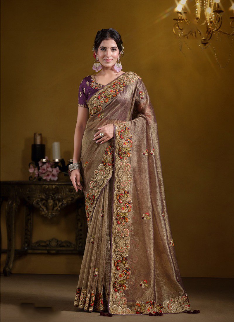 Beautiful Pure Khati Work Zari Organza Silk Saree in brown