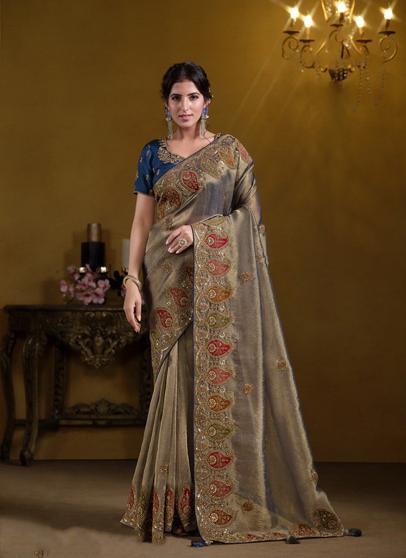 Beautiful Pure Khati Work Zari Organza Silk Saree in dark blue