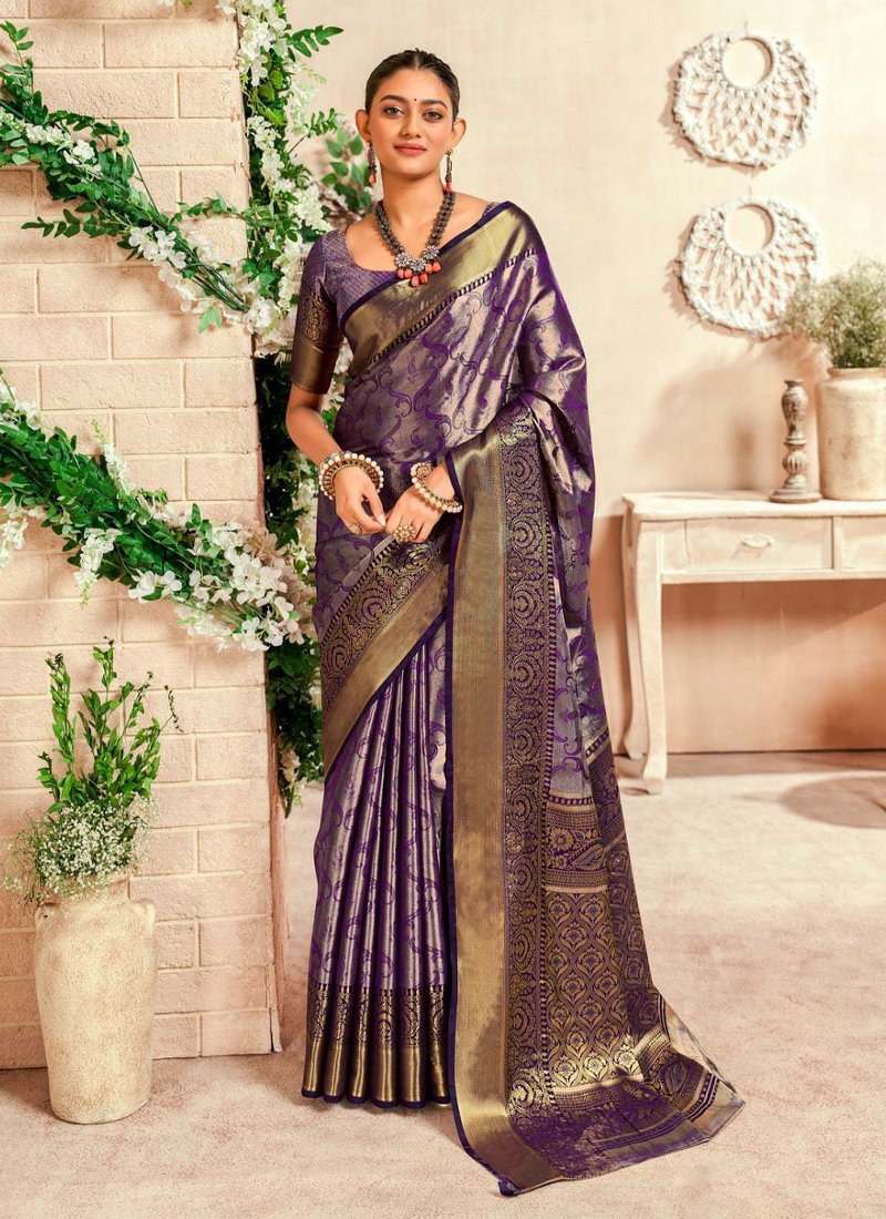 Stylish Zari woven handloom silk saree in purple