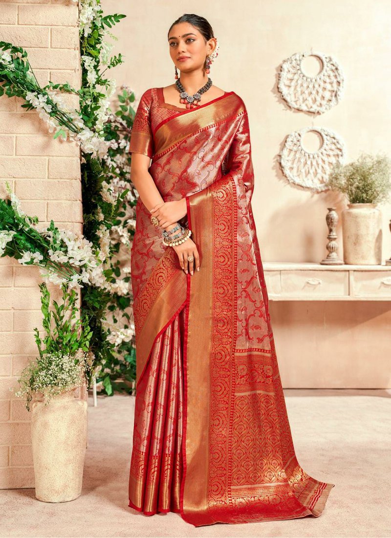 Stylish Zari woven handloom silk saree in red