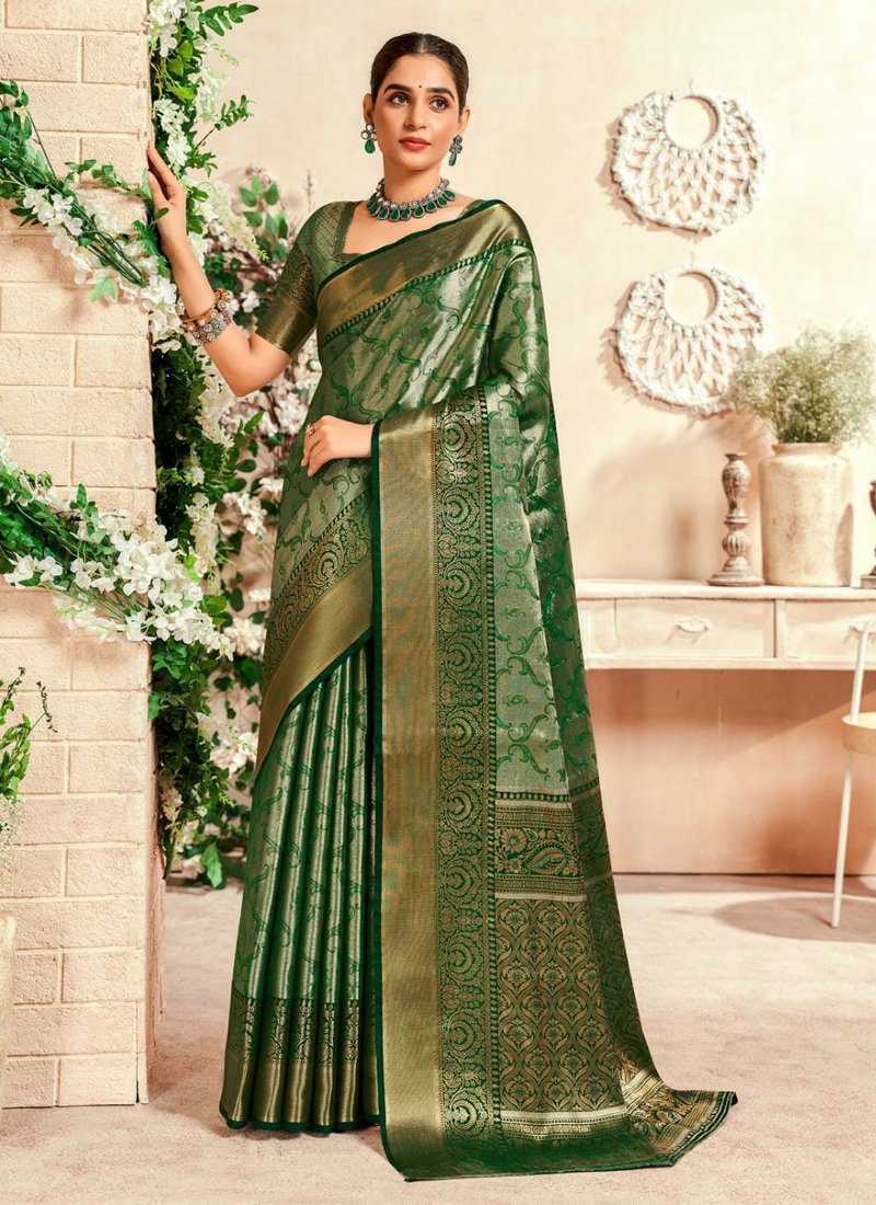 Stylish Zari woven handloom silk saree in dark green