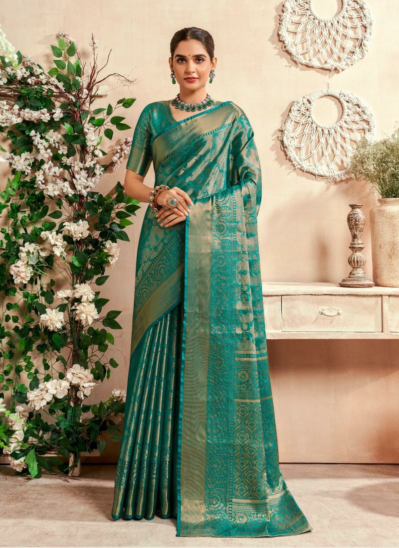 Stylish Zari woven handloom silk saree in green