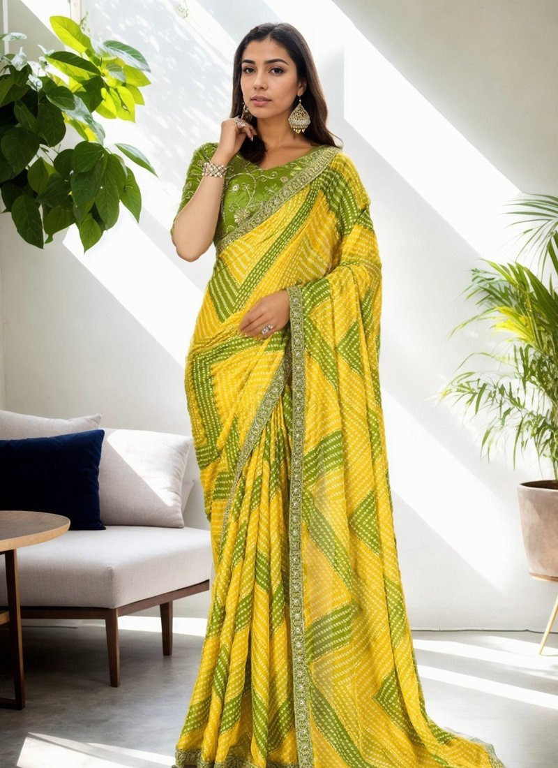 Traditional Bandhej Print Faux Chiffon Saree in yellow