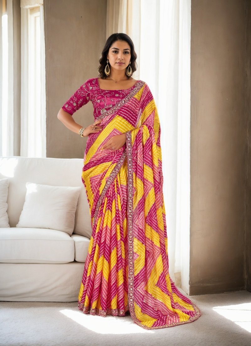 Traditional Bandhej Print Faux Chiffon Saree in pink