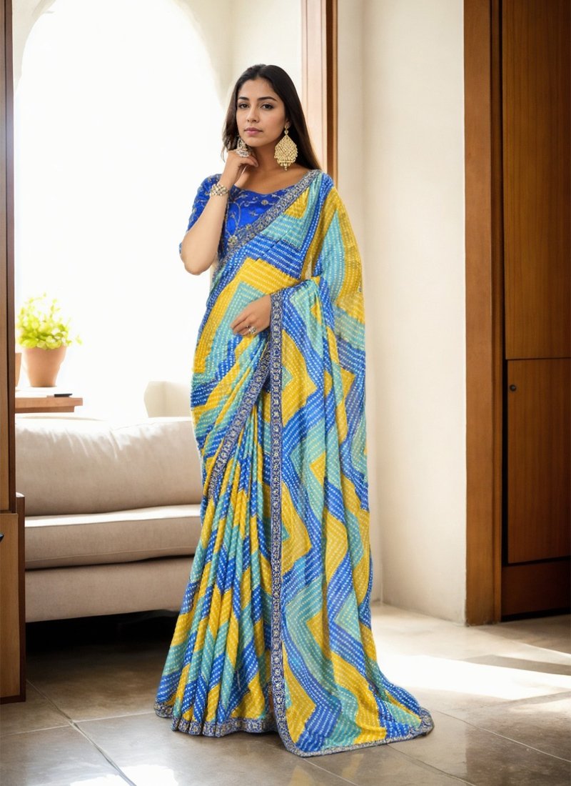 Traditional Bandhej Print Faux Chiffon Saree in blue