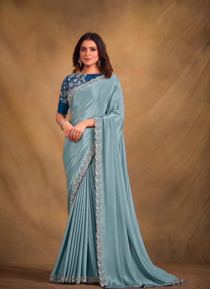 Exquisite Zari Jacquard Silk Saree in sky blue with Satin Silk Blouse