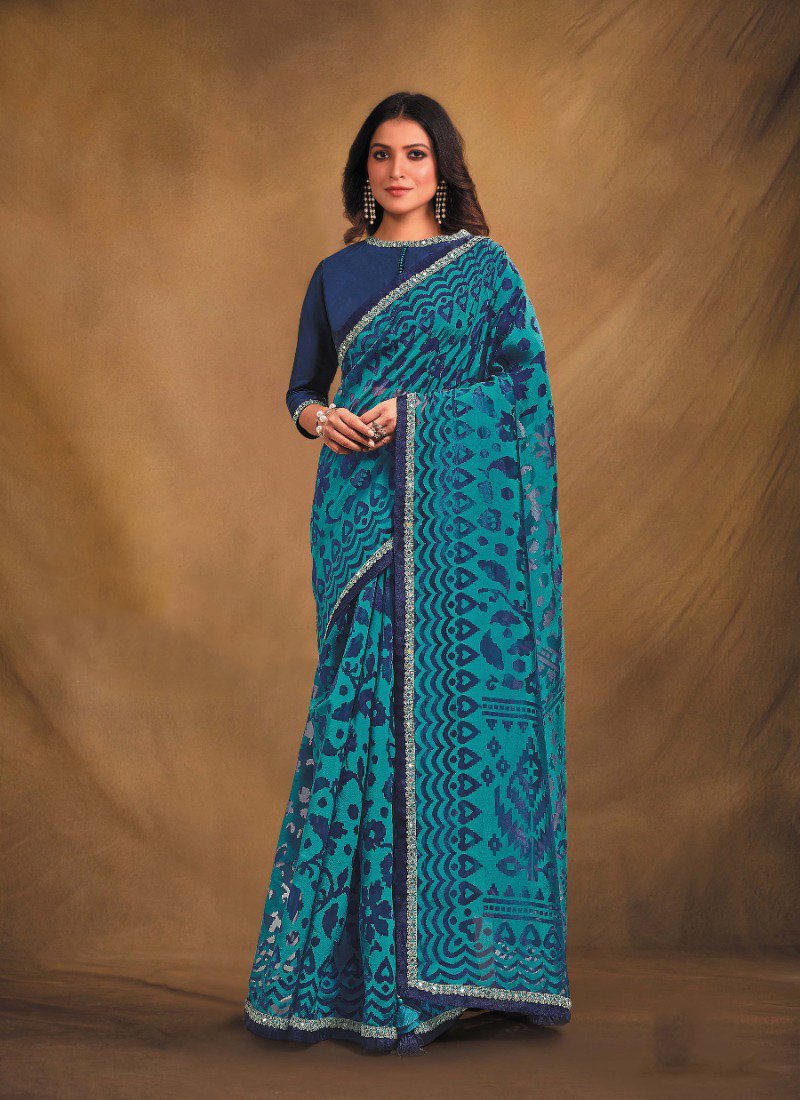 Exquisite Zari Jacquard Silk Saree in dark blue with Satin Silk Blouse