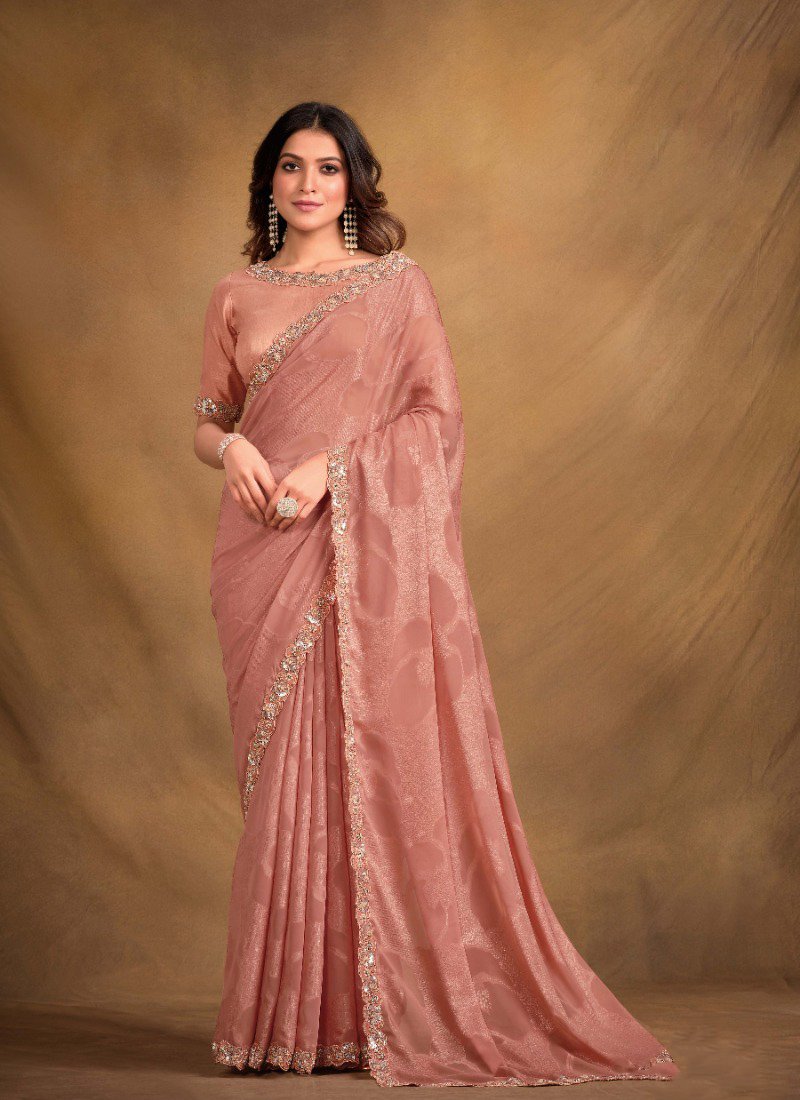 Exquisite Zari Jacquard Silk Saree in peach pink with Satin Silk Blouse