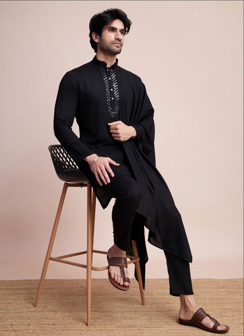 Traditional zari weaving viscose men's kurta set in black