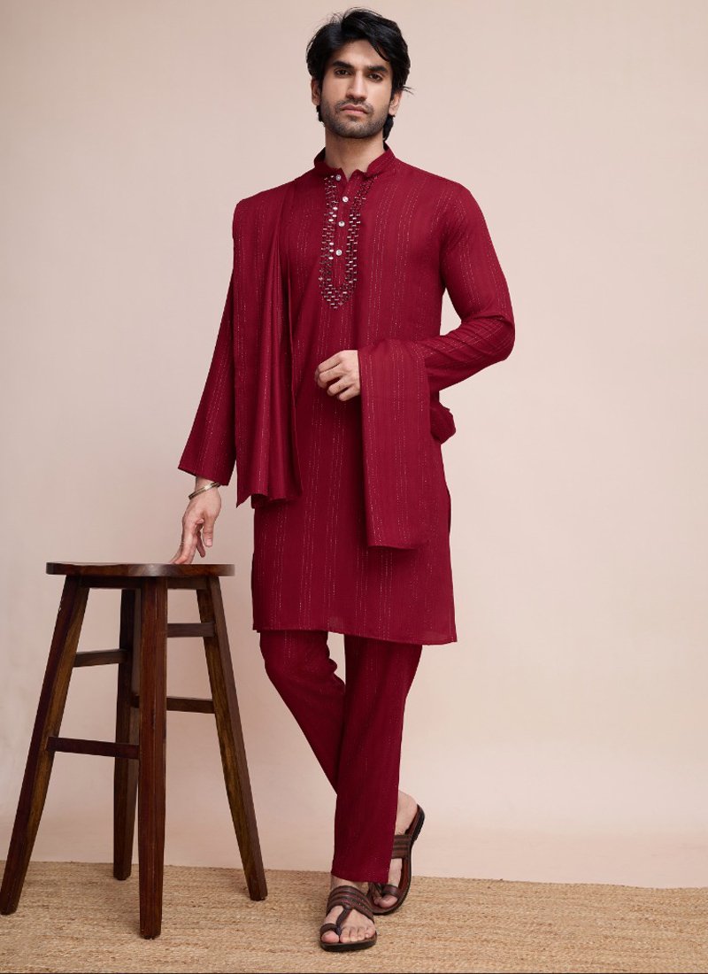 Traditional zari weaving viscose men's kurta set in red