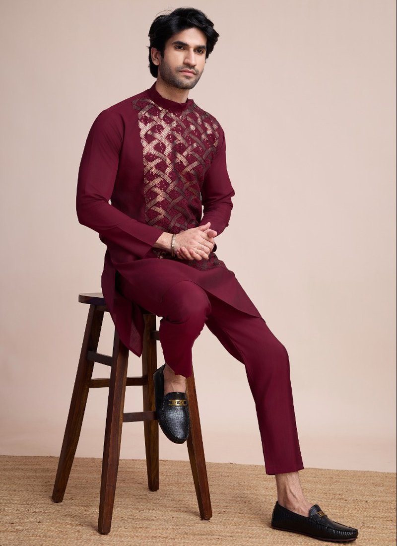 Designer Silk Men's Kurta for Special Events in maroon