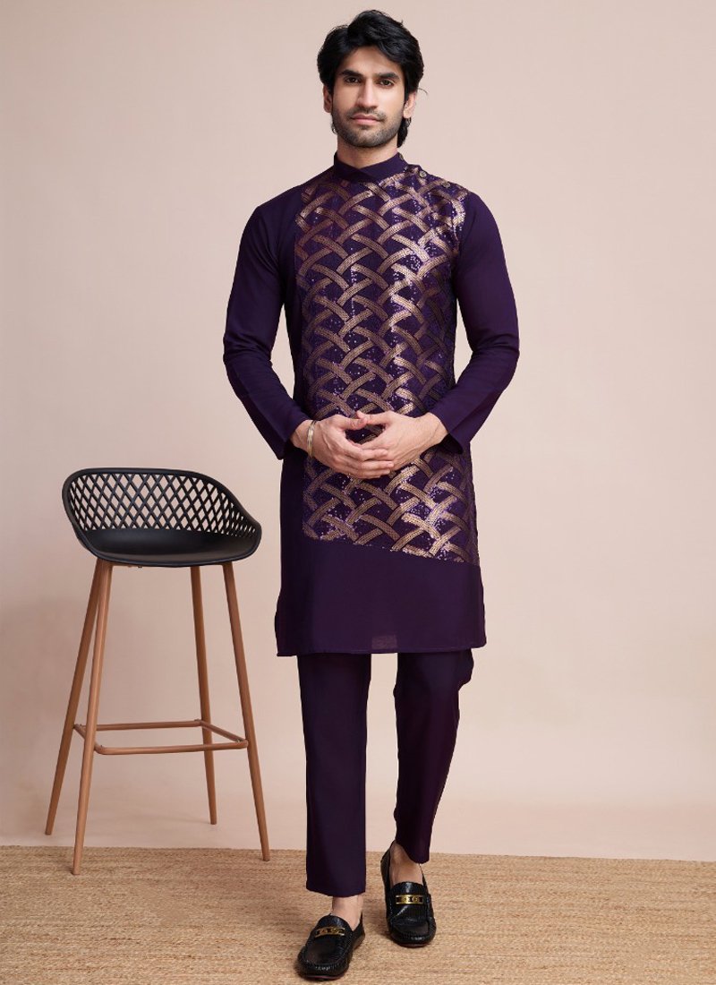 Designer Silk Men's Kurta for Special Events in purple