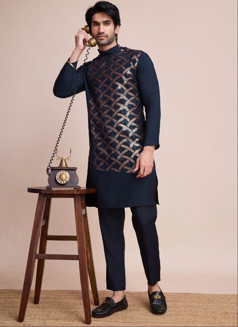 Designer Silk Men's Kurta for Special Events in dark blue