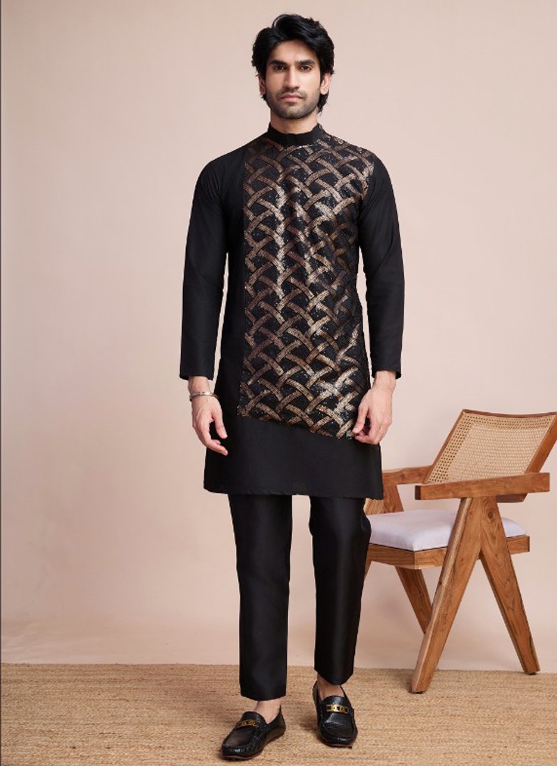 Designer Silk Men's Kurta for Special Events in black