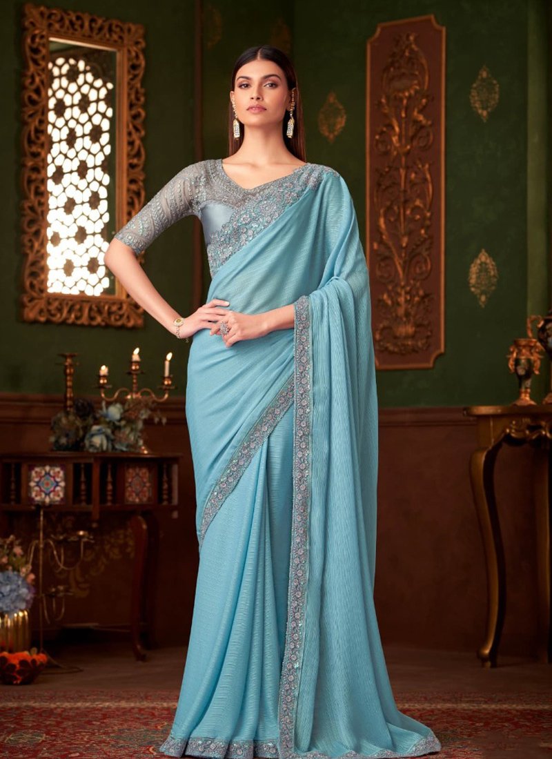 Embroidered lace bordered satin saree in light blue