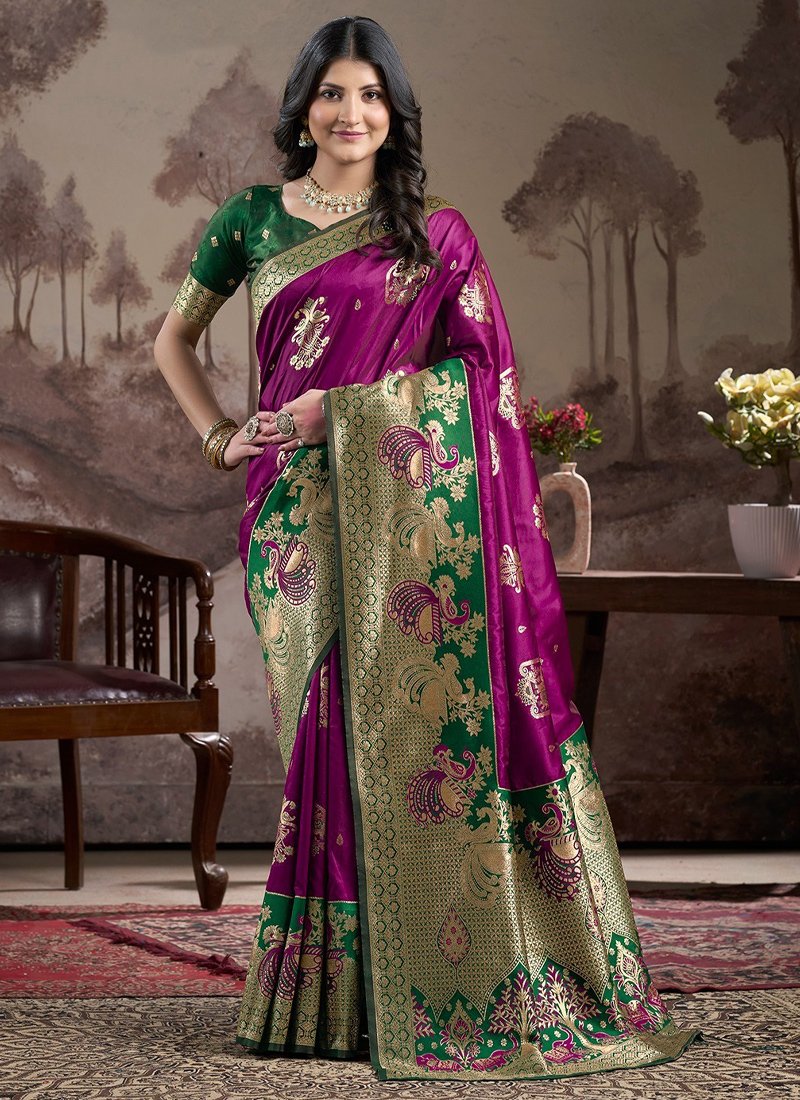 Elegant jacquard worked silk saree in dark green