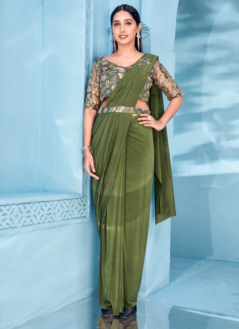 Embroidered lycra saree Embellished with Blouse And Belt in dark green