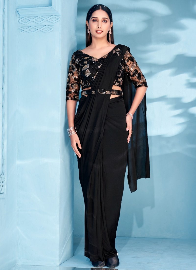 Embroidered lycra saree Embellished with Blouse And Belt in black