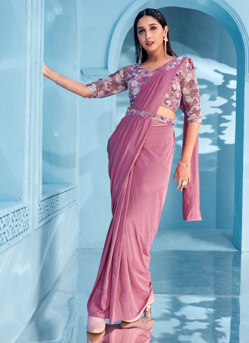 Embroidered lycra saree Embellished with Blouse And Belt in pink