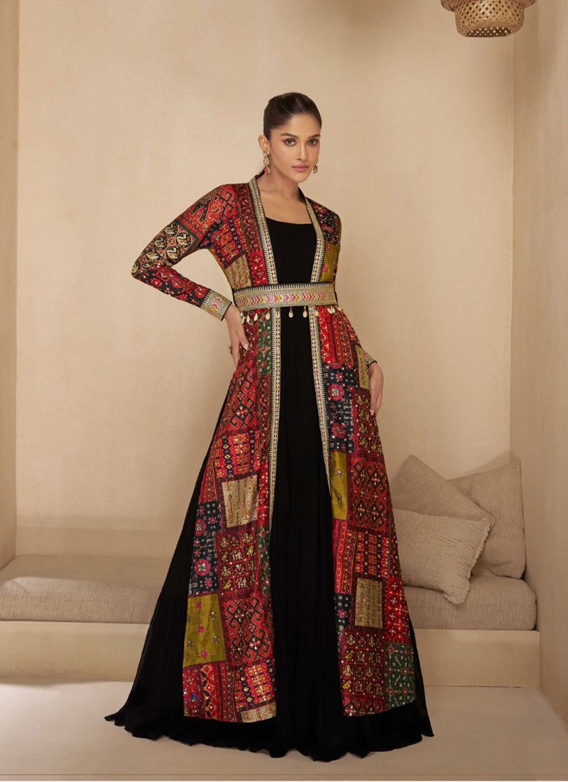 Stylish embroidered real georgette gown with multi color long shrug in red