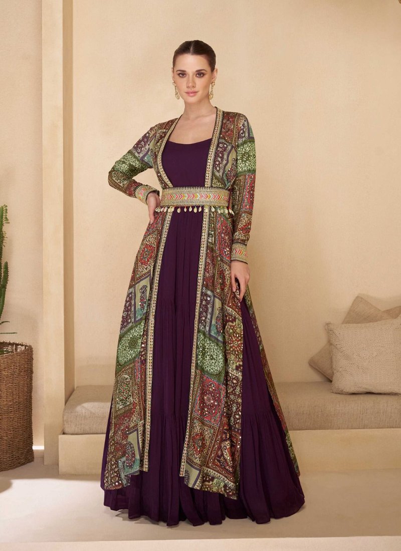 Stylish embroidered real georgette gown with multi color long shrug in maroon