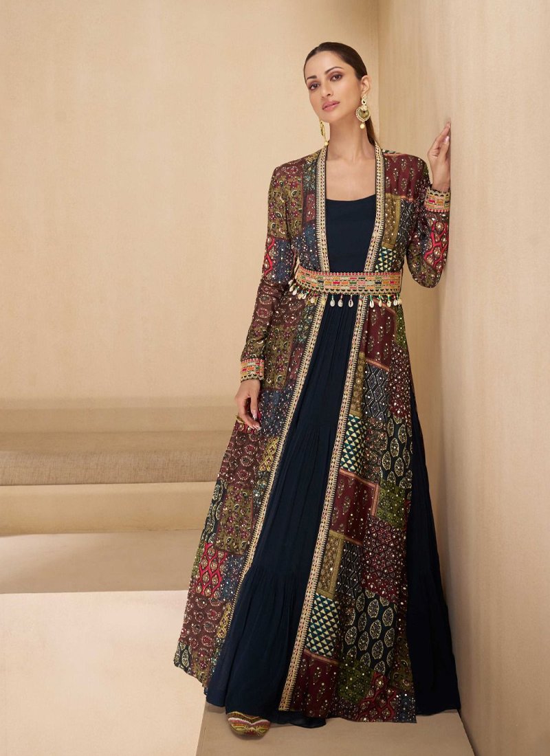 Stylish embroidered real georgette gown with multi color long shrug in multi color