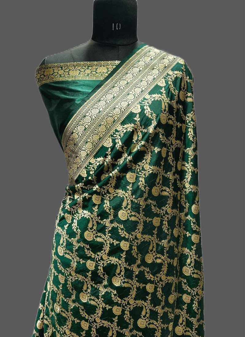 Pure Katan Silk Banarasi Handloom Saree in dark green