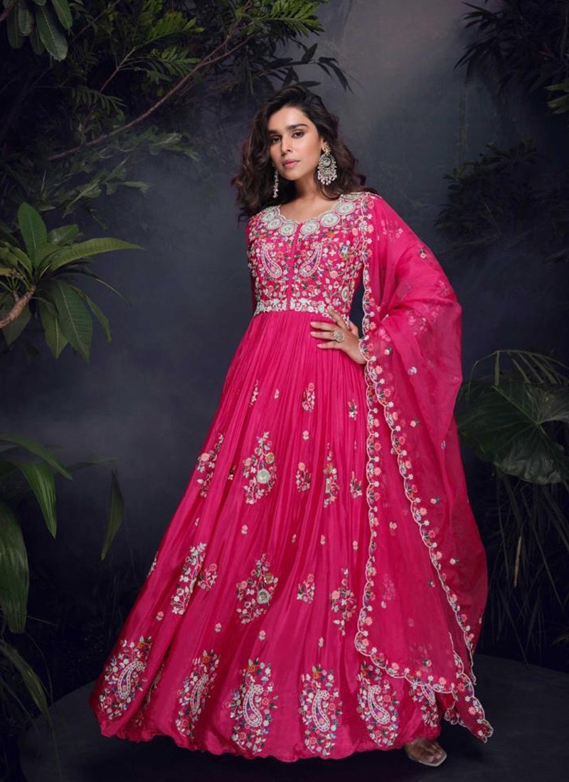 Embroidered Chinon Silk Anarkali Gown in pink