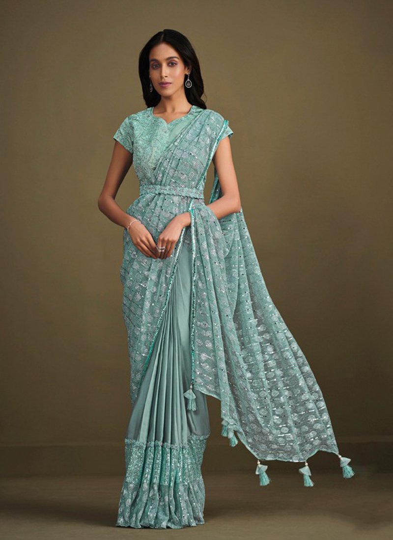 Stylish embroidered crepe satin silk saree in light blue