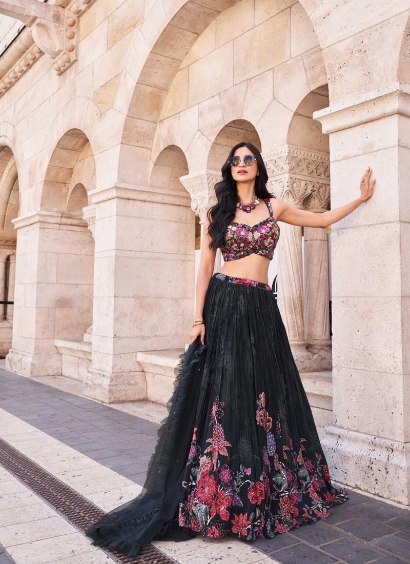 Elegant Chinon Silk black Lehenga with Digital Print and Embroidery