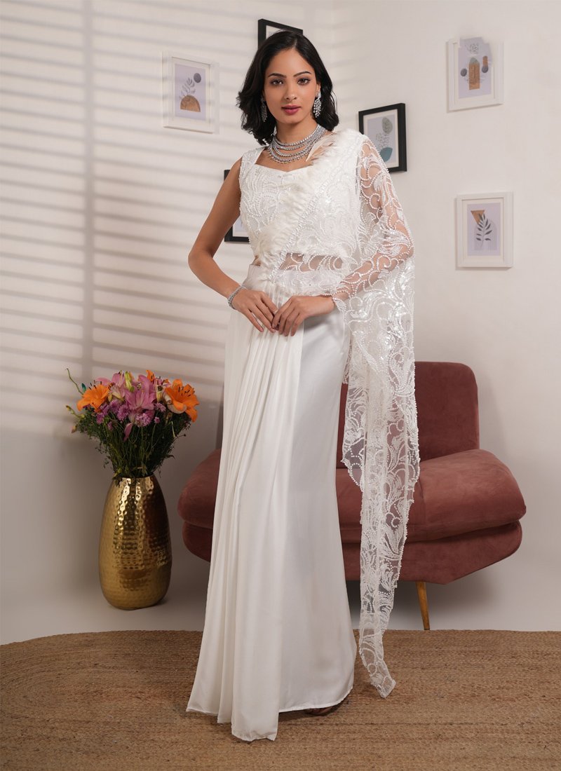 Stunning hand embroidered satin saree in white