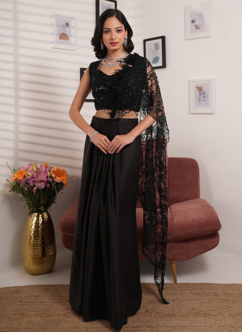 Stunning hand embroidered satin saree in black