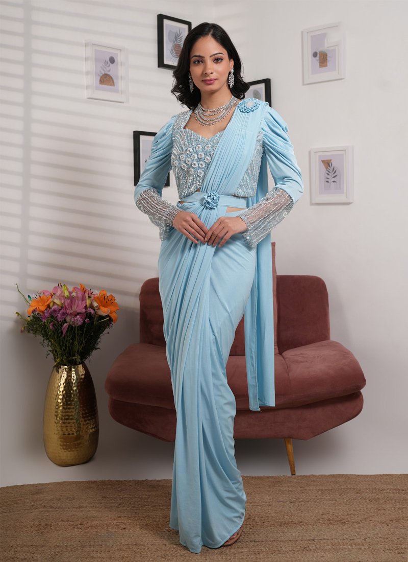 Stunning hand embroidered satin saree in sky blue