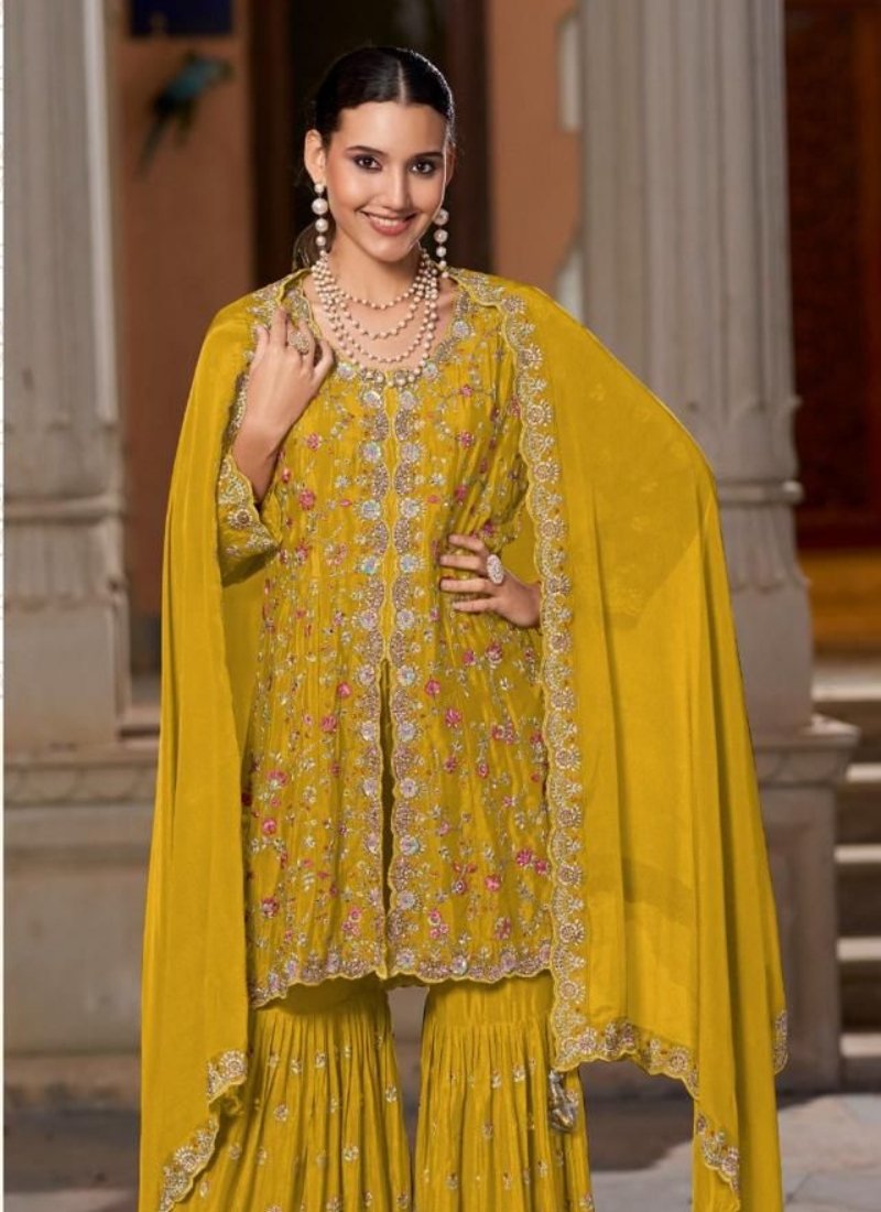 Beautiful bandhani print chinon sharara suit in yellow