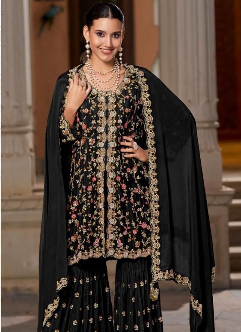 Beautiful bandhani print chinon sharara suit in black