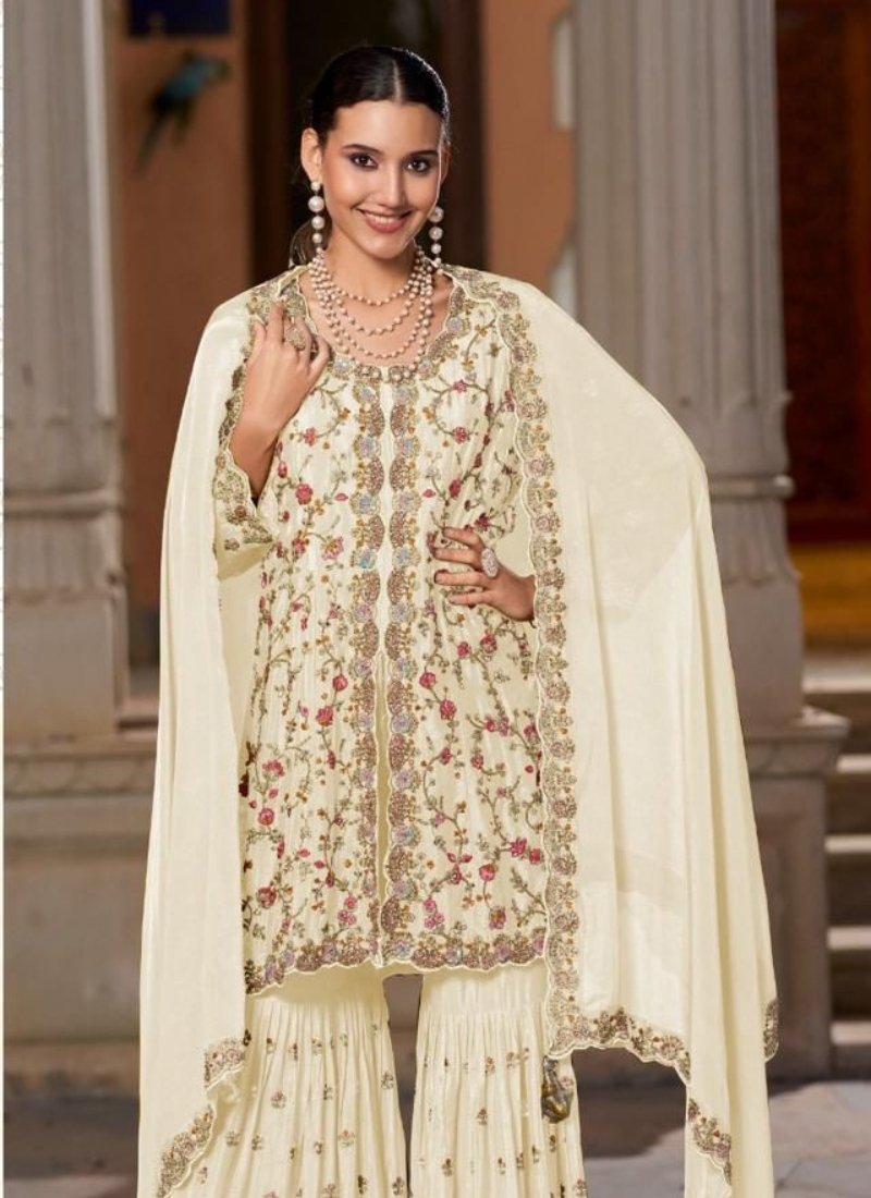 Beautiful bandhani print chinon sharara suit in off white