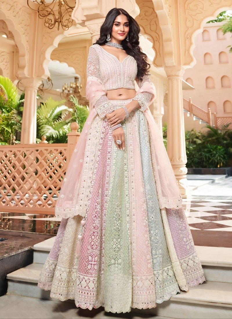 Multi Color Net Embroidery Lurex Mirror Bahar Jaal Bridal Lehenga Set in baby pink