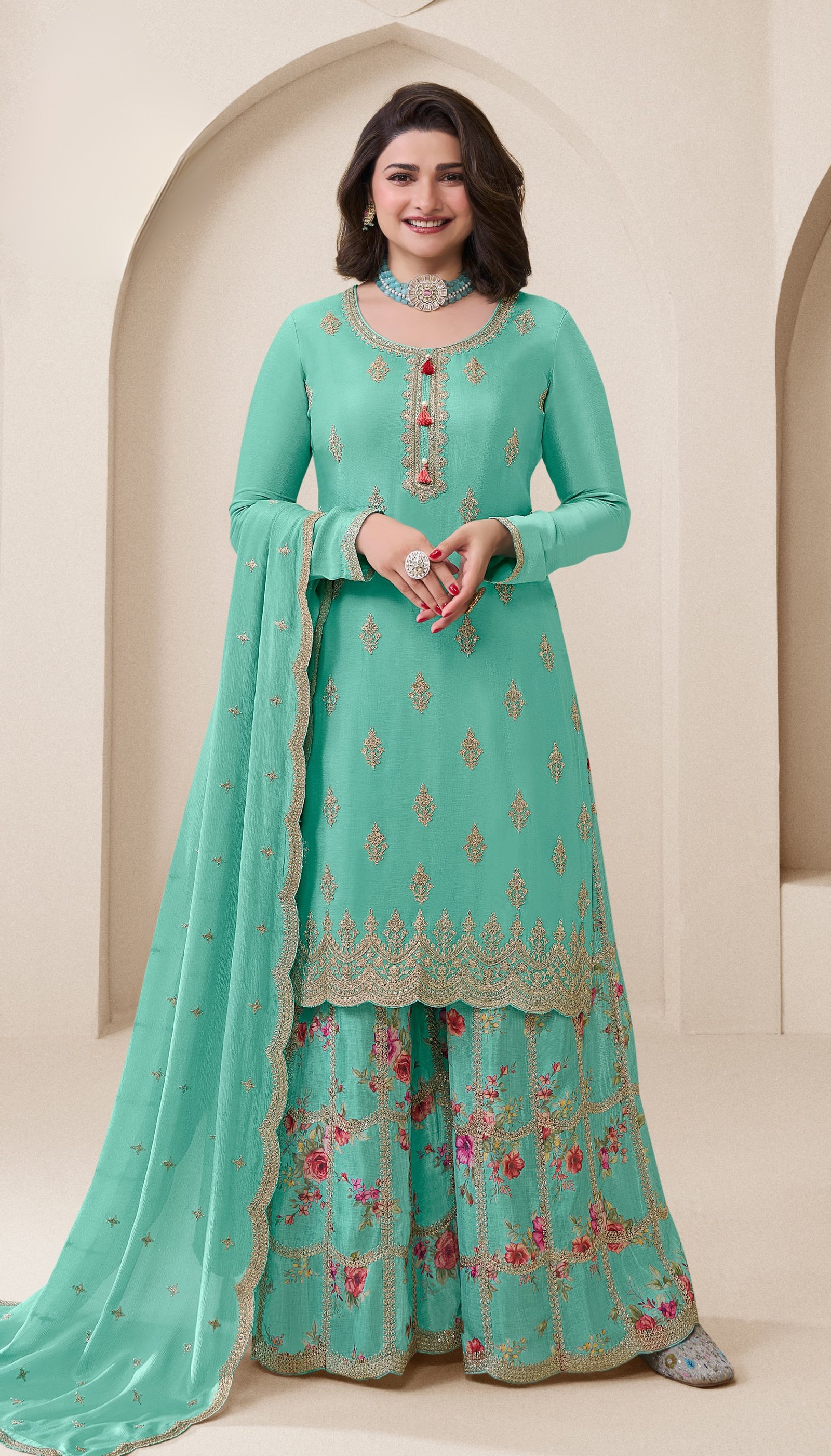 Teal Green Embroidered Sharara Set