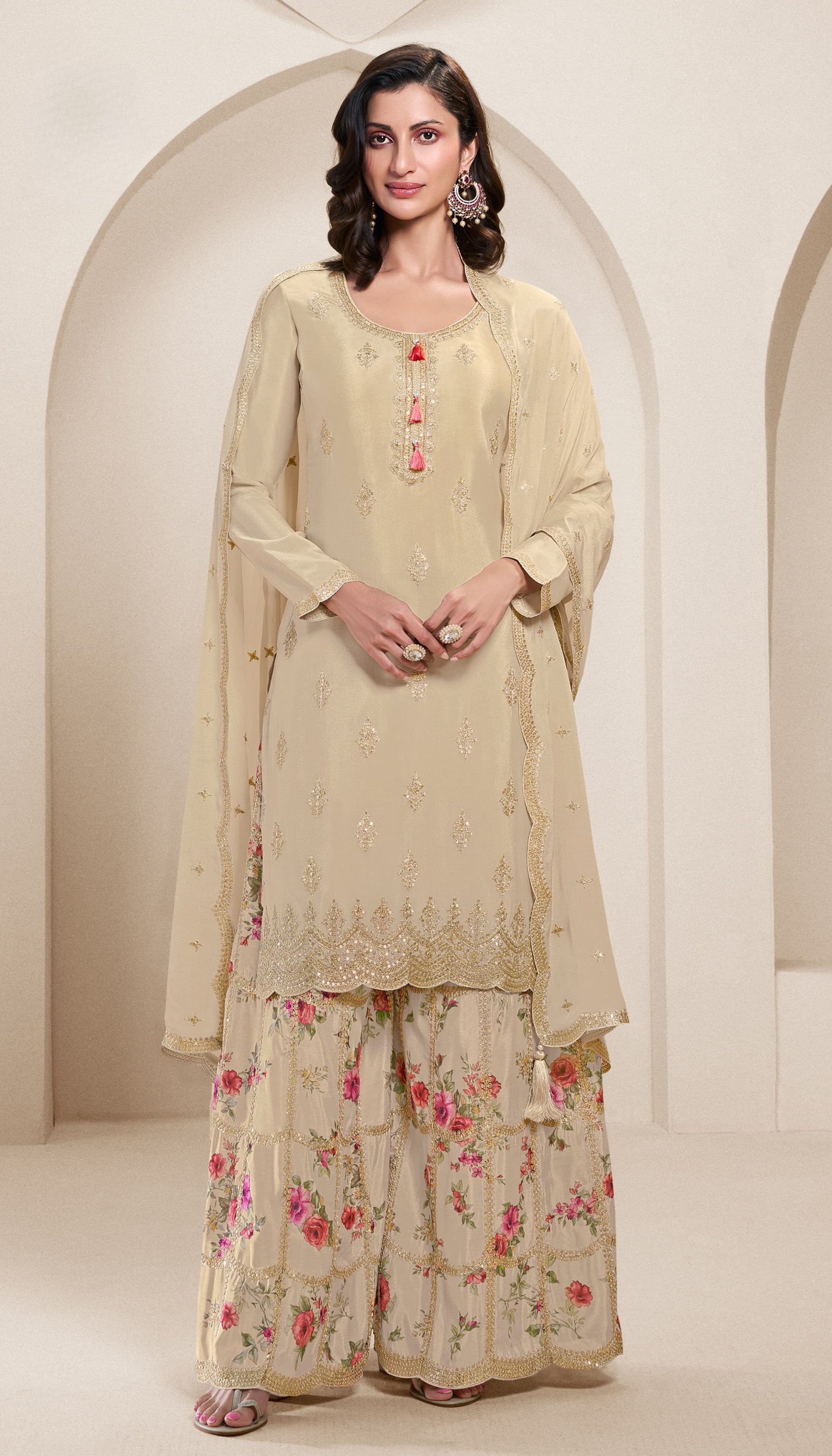 Light Brown Embroidered Chinon Sharara