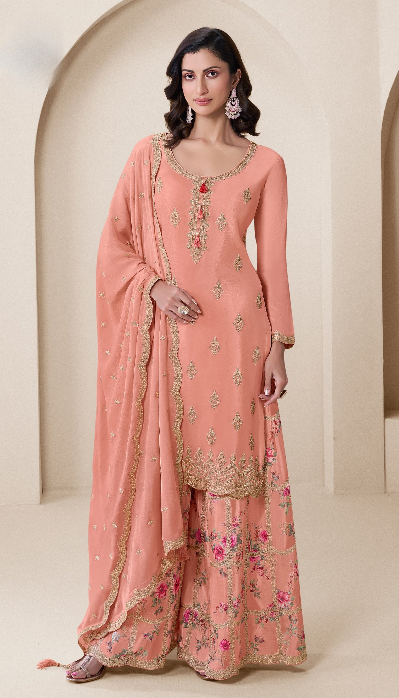 Coral Pink Embroidered Chinon Sharara Set