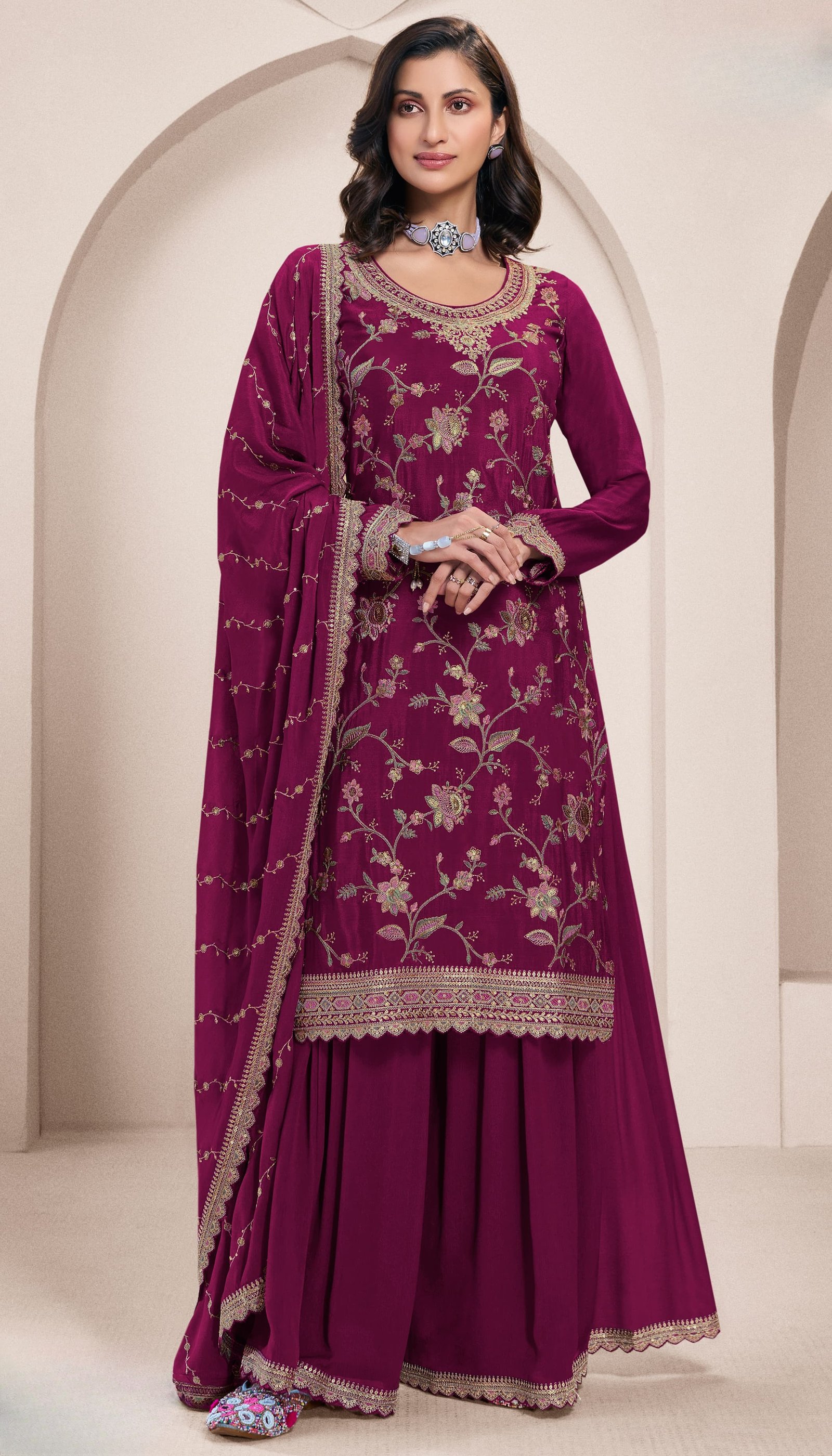 Dark Wine Embroidered Sharara Set