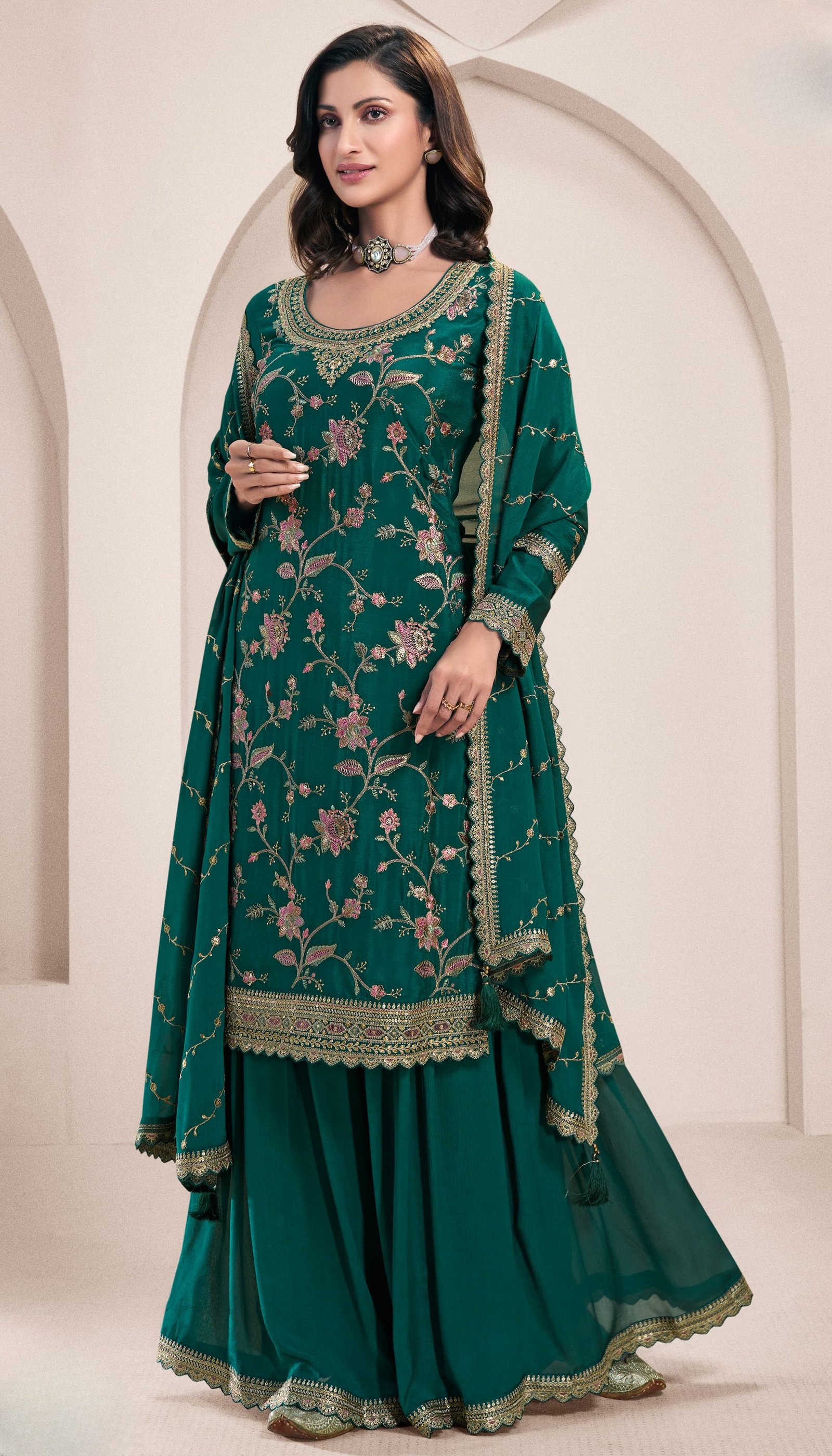 Regal Teal Green Embroidered Sharara Set