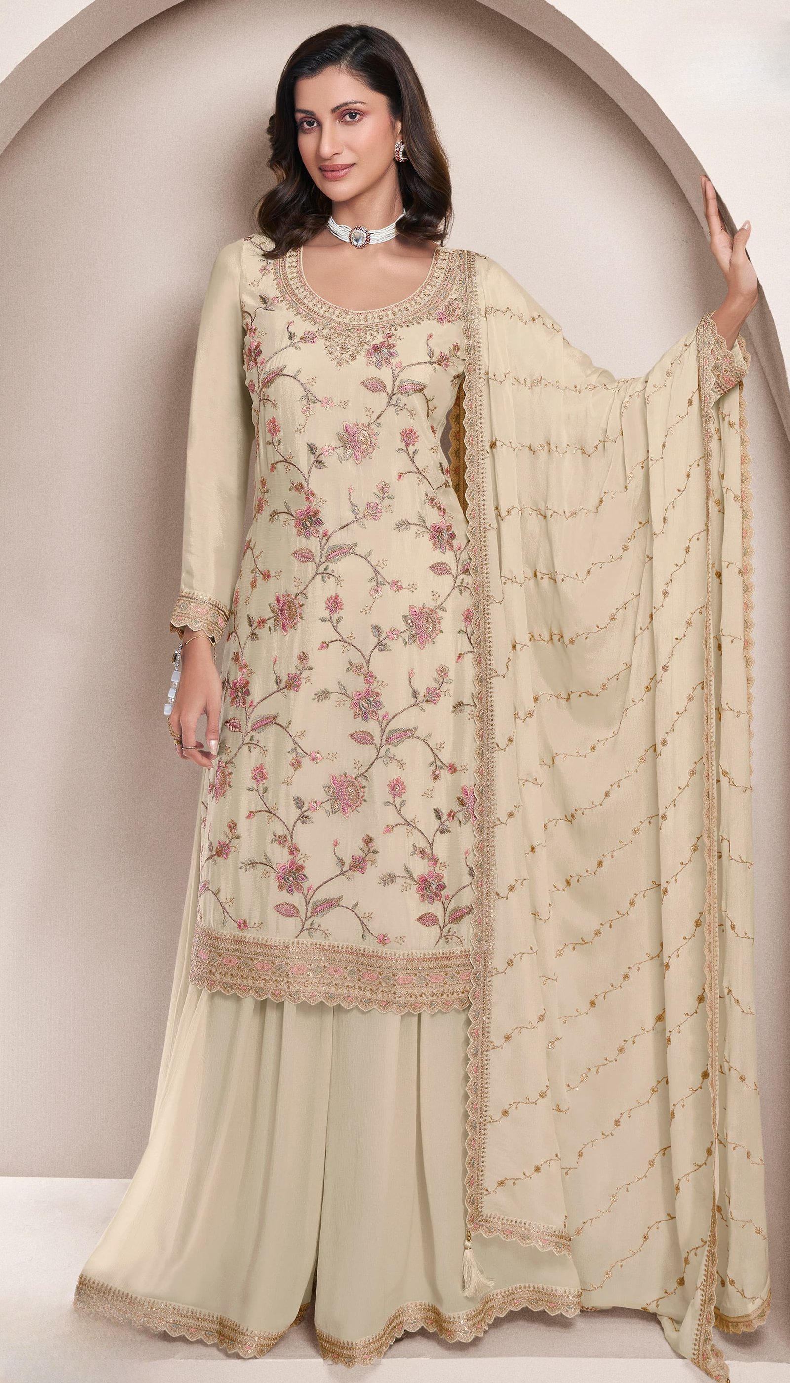 Elegant Cream Embroidered Sharara Set