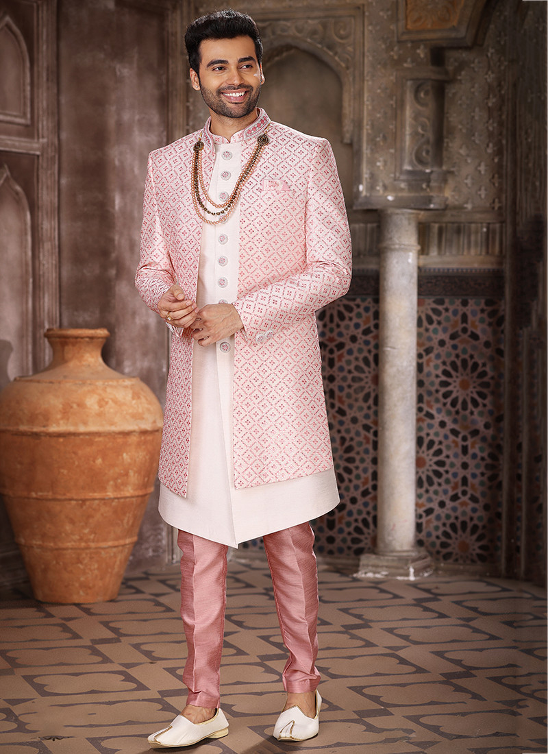 Jacquard Silk Indo Western Sherwani In Clay Pink