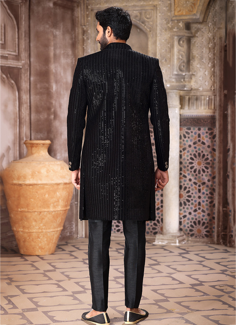 Jacquard Silk Indo Western Sherwani In Black