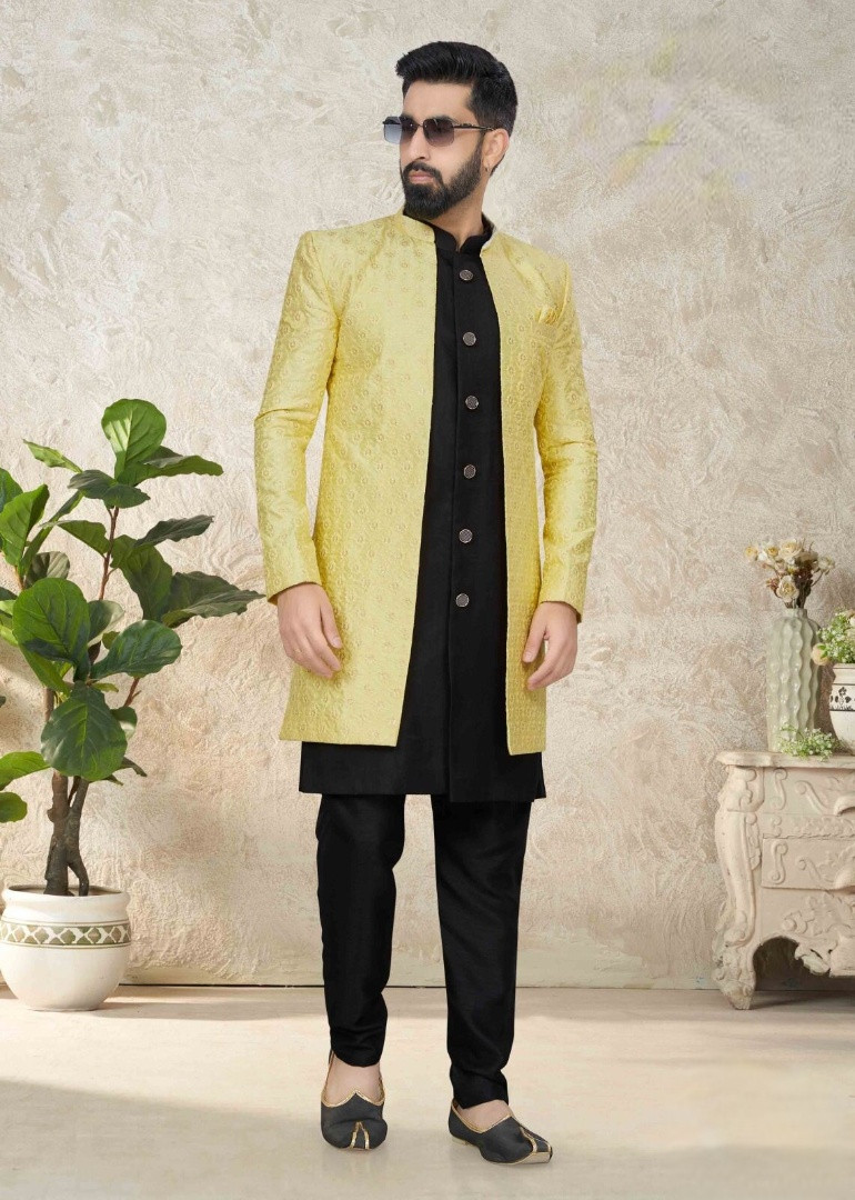 Art Silk Indo Western Sherwani In Black And Light Yellow