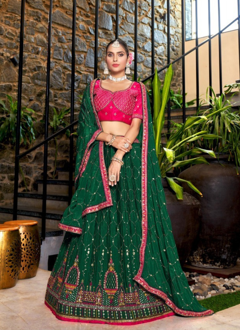 Embroidered Chinon  Lehenga In Green And Pink